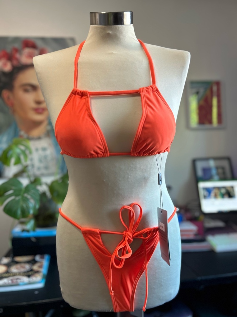 Yira Neon orange two piece bikini with strappy bottoms size Small